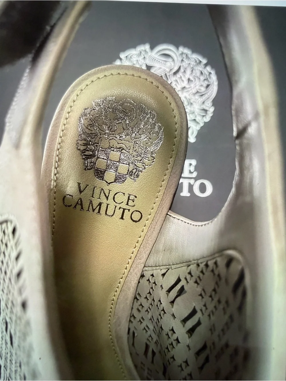 Vince Camuto Taupe Laser-Cut Peep-Toe Wedge Sandals